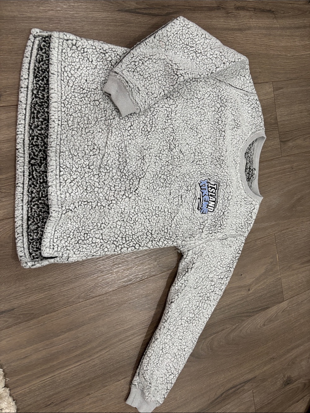 Boxercraft Sherpa Pullover in Gray and White. Logo “Island Extreme”